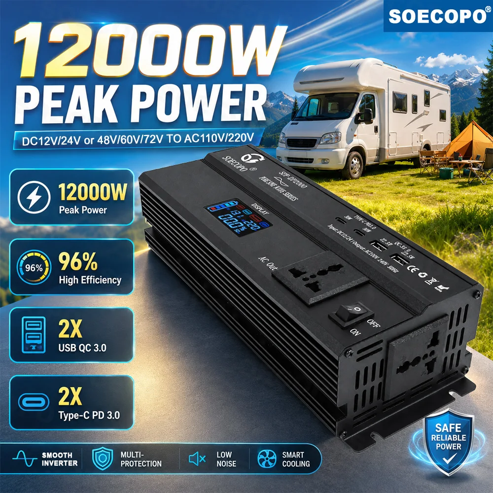 SOECOPO 12000W Peak Power 1000W Rated Inverter 12V 24V 48V 60V 72V To 110V 220V 2x Type-C PD 30W 2x QC3.0 22.5W for RV Camping