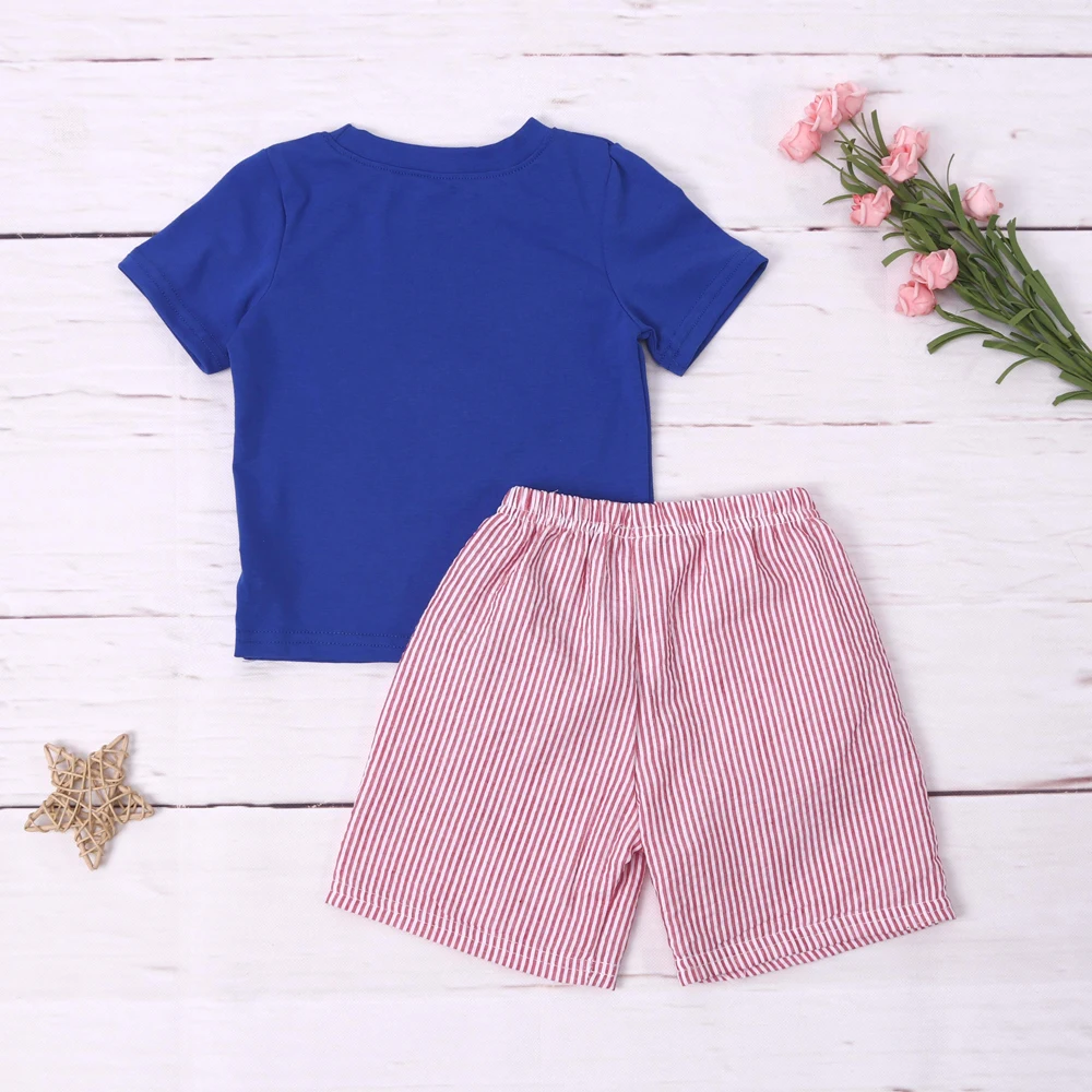 Baby New Kids Cotton Short Sleeved Blue T-shirt Set Round Neck Fish Embroidery Boy Top Clothes And Red Strape Short Suit