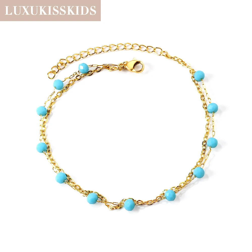 

LUXUKISSKIDS Blue Beads Accessories Simple Female Anklet Fashion Stainless Steel Gold Plated Summer Beach Double Chain Jewelry