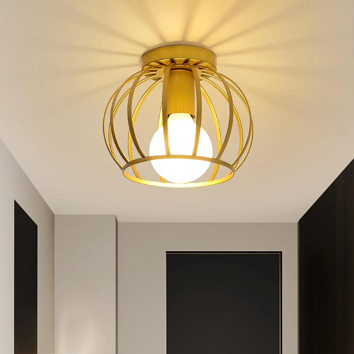 Plafonnier vintage, lampe de plafond rétro avec douille E27, abat-jour de plafond en cage métallique géométrique pour couloir (ampoule non incluse)