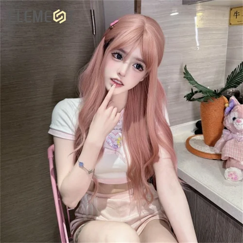 Imagen 2 del producto Peluca sintética rizada de cuerpo largo Element con flequillo, pelucas de pelo rosa para mujeres, fiesta diaria, Cosplay, resistente al calor