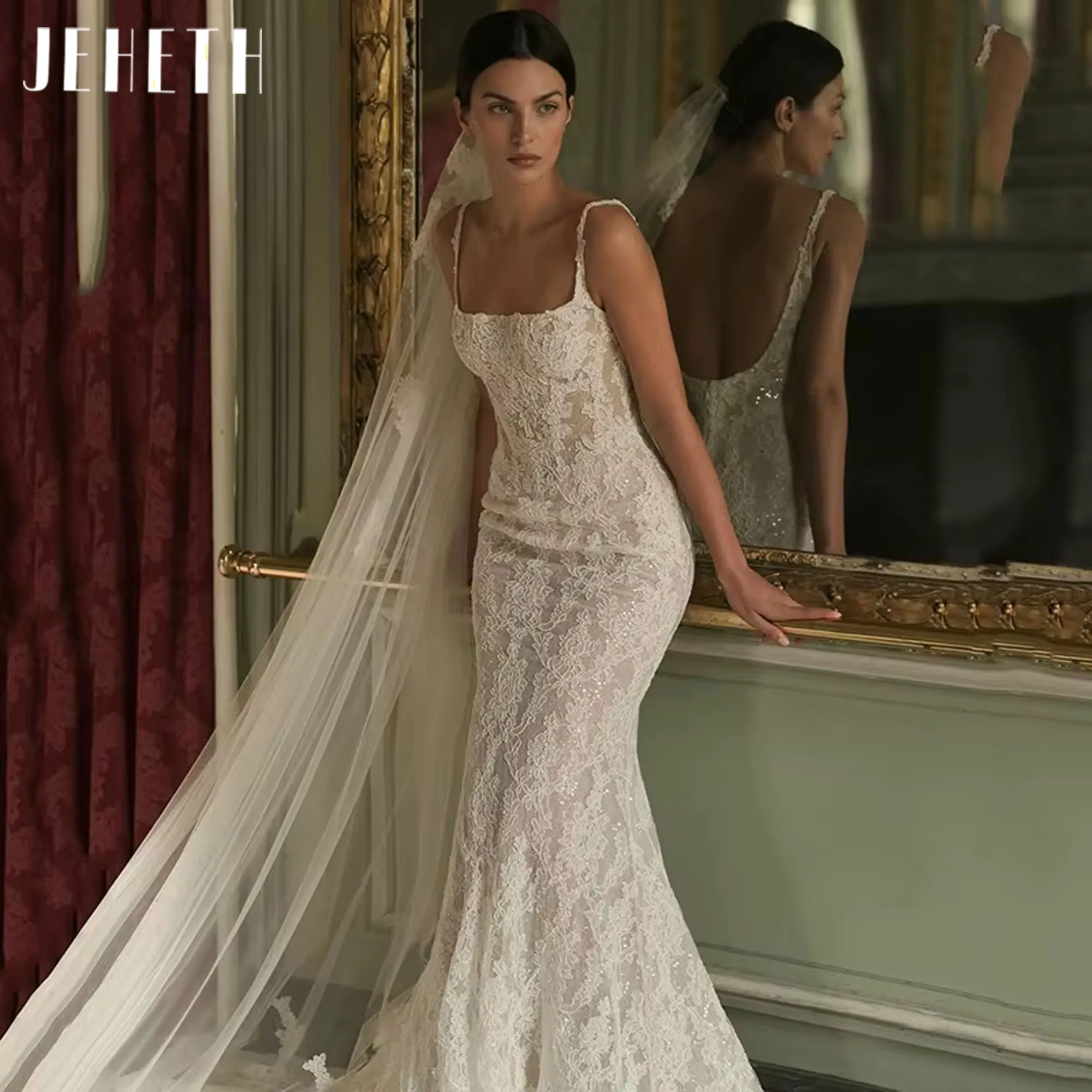 

JEHETH Mermaid Lace Applique Wedding Dress Spaghetti Strap Square Neck Bridal Gown Princess Backless Bride Gown Customized 2025