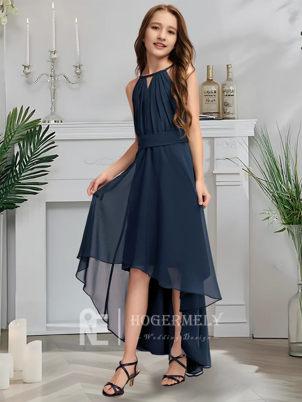 Luxuoso halter júnior vestido de dama de honra meia-noite marinha flor menina vestido assimétrico chiffon com arco em cascata plissados casamento