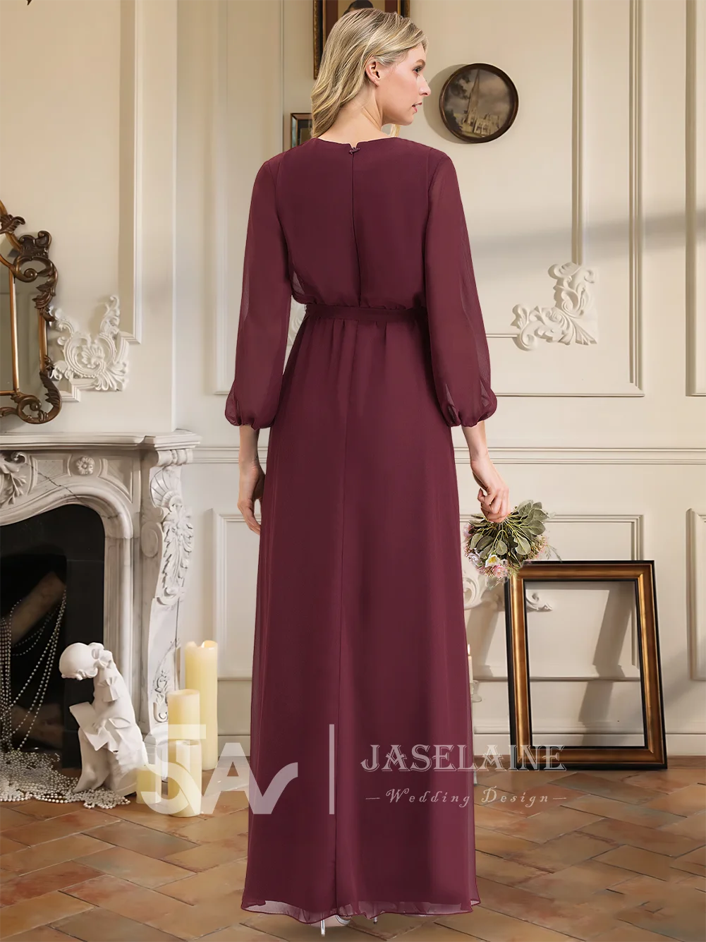 ブライドメイドドレス Aライン Vネック フロアレングス シフォン 長袖 リボン プリーツドレス ウェディングパーティー イブニングゲスト カクテル フォーマル