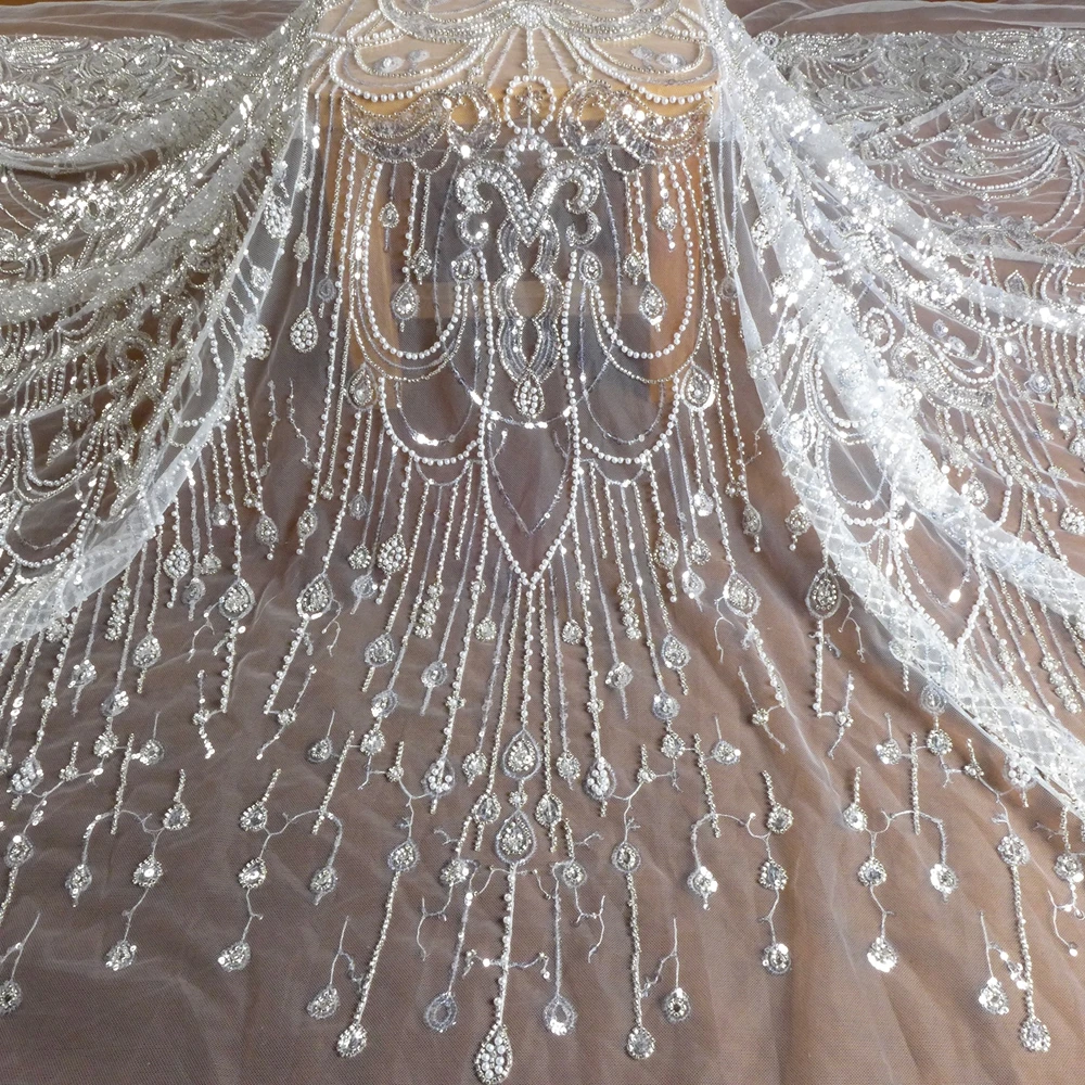 HelluyerDC Silver on ivory tulle beading lace fabric,Tassel Water Drop lace for fashion,wedding,evening,dance gown by the yard