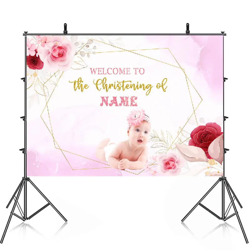 Happy Christening Baptism Birthday Party Backdrop Photography Baby Shower Pink Blue Flowers Background Banner Custom Name Pic