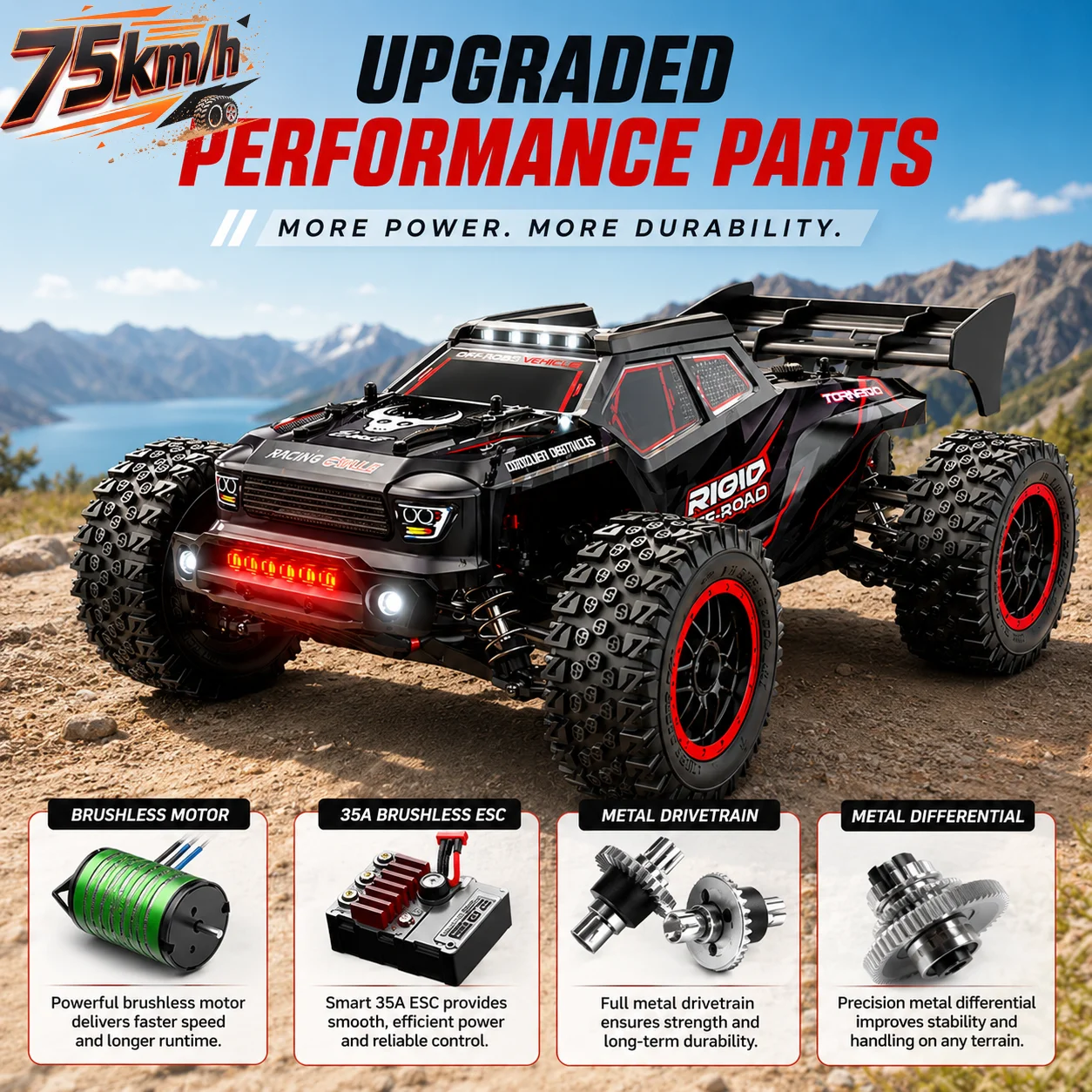 RC-Auto 4WD Ferngesteuertes Hochgeschwindigkeits-Offroad-Fahrzeug 2,4G Bürstenlos mit Metall-Differential, LED-Scheinwerfern und unabhängigen Stoßdämpfern im Maßstab 1:16 Drift-Auto