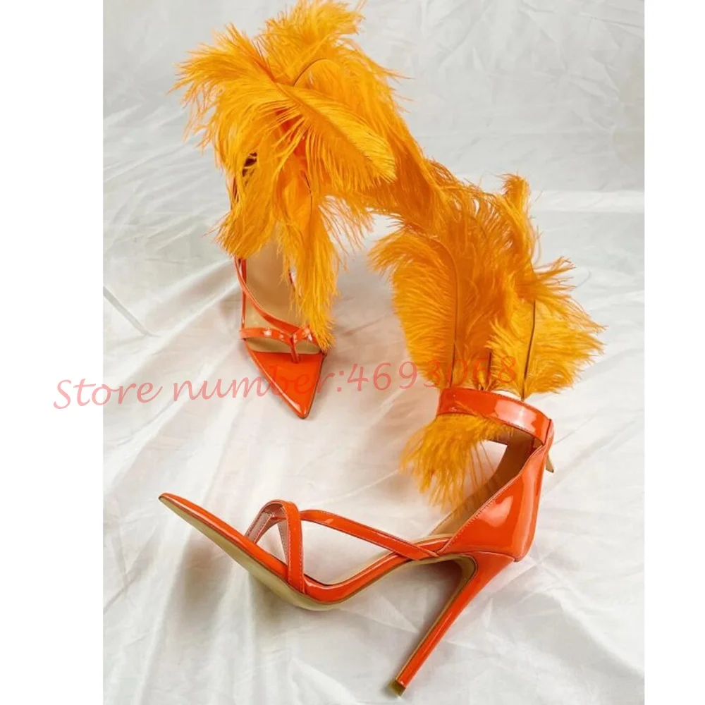 Orange Feather Cross Strap Sandals Party Wedding Patent Leather Women Sandals Female Open Toe High Stiletto Heels Stylish Shoes