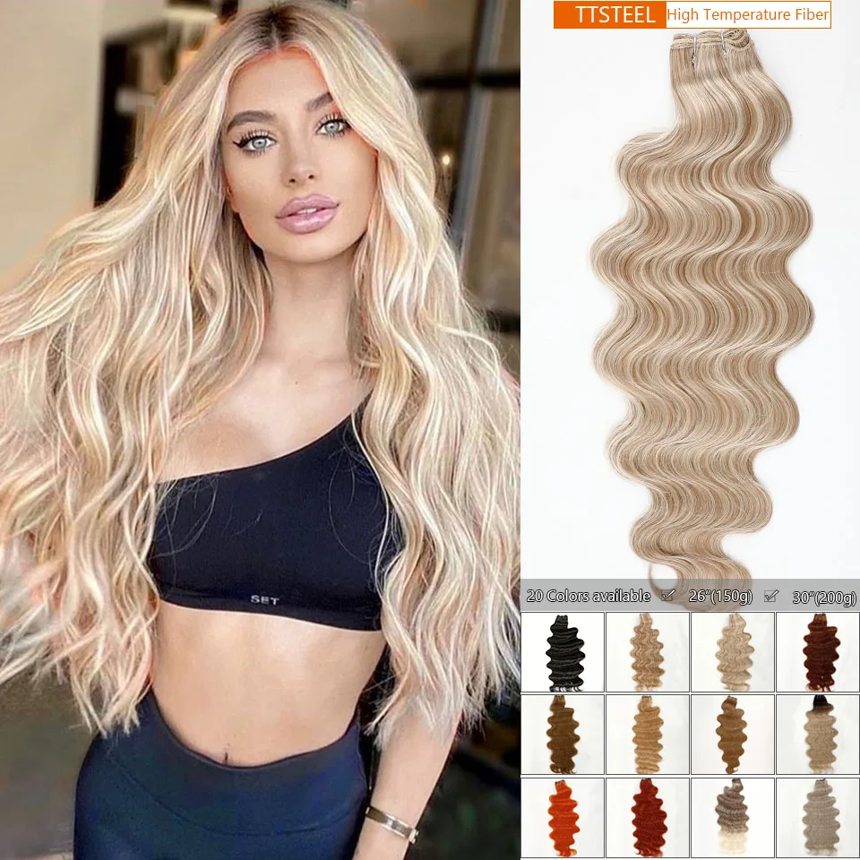 Bundles de tissage de cheveux de vague de corps d'or de surbrillance, synthétique, haute température, doux, naturel, fibres humaines, extensions de cheveux, 26 ", 30"