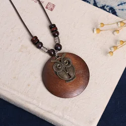 Vintage Ethnic Style Wooden Flower Leaf Owl Elephant Pendant Necklace for Women Long Sweater Chain Necklaces Neck Collar Jewelry