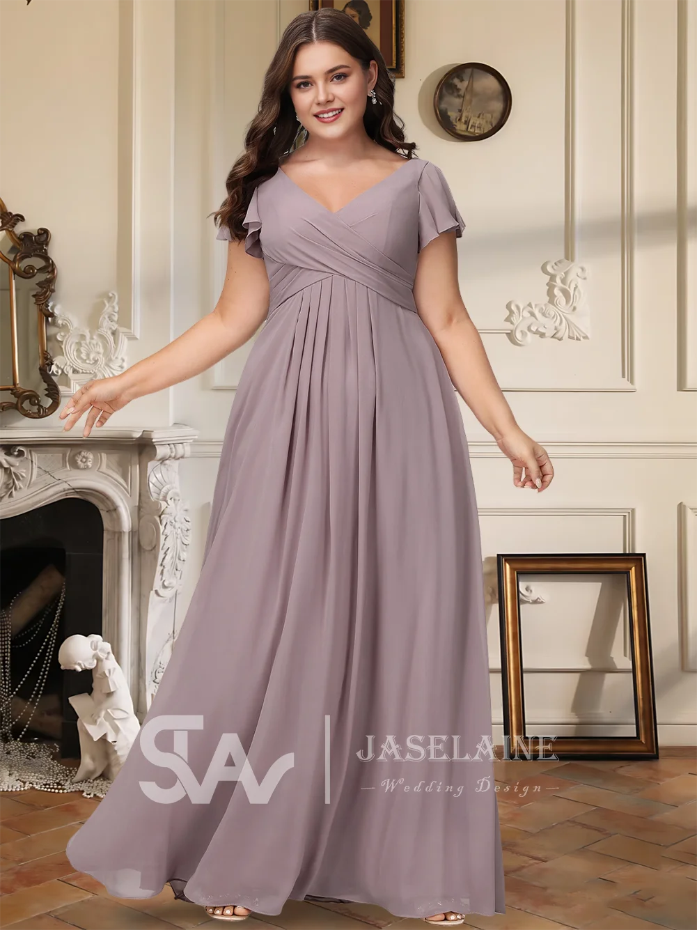 

A Bridesmaid Dresses A Line Floor Length Chiffon With Cascading Ruffles V Neck Short Sleeve Elegant Wedding Party Evening Guest