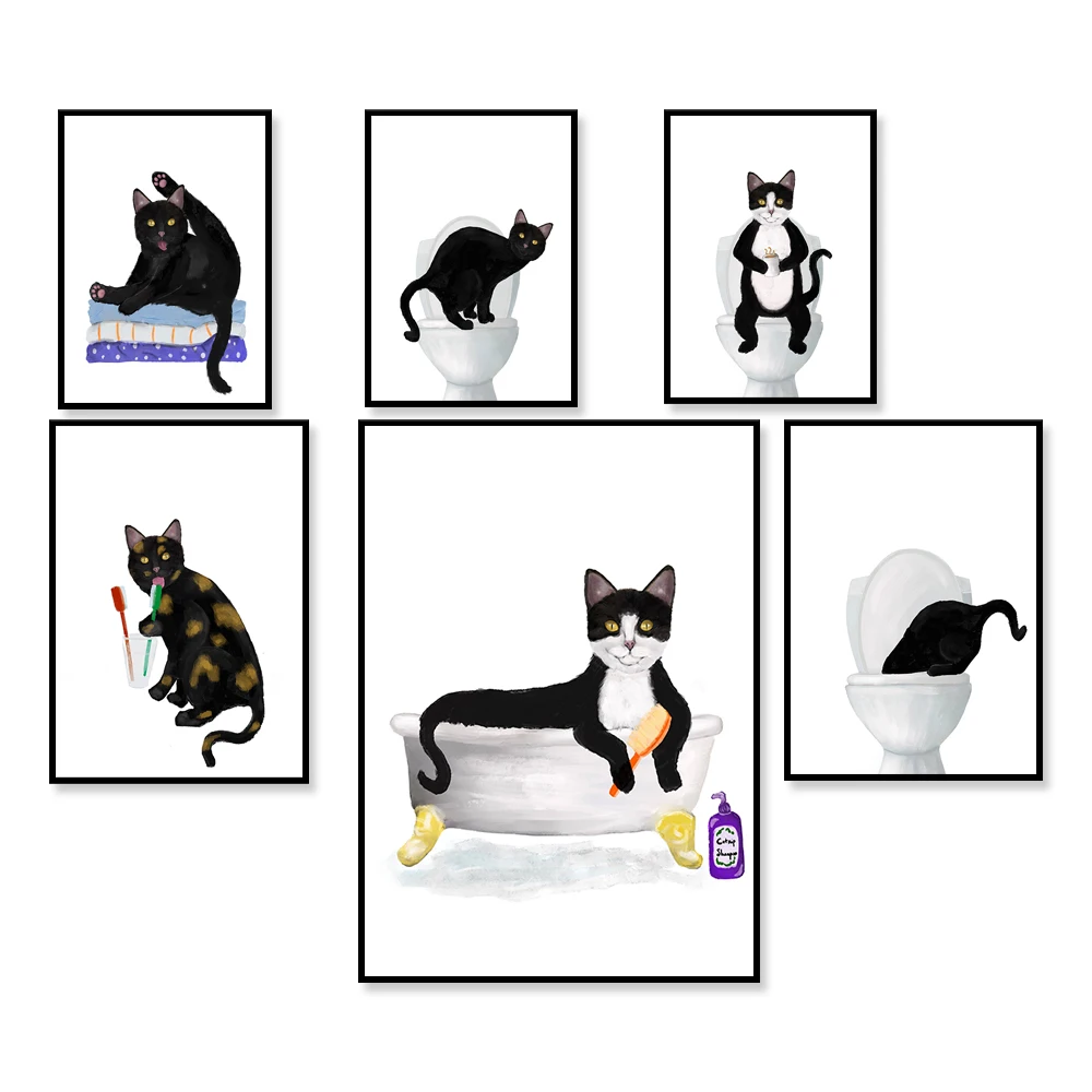 Tuxedo cat bathroom, cute black cat in bathtub, tortoiseshell cat, black cat, cat on toilet, cat spa day, cat invite gift poster