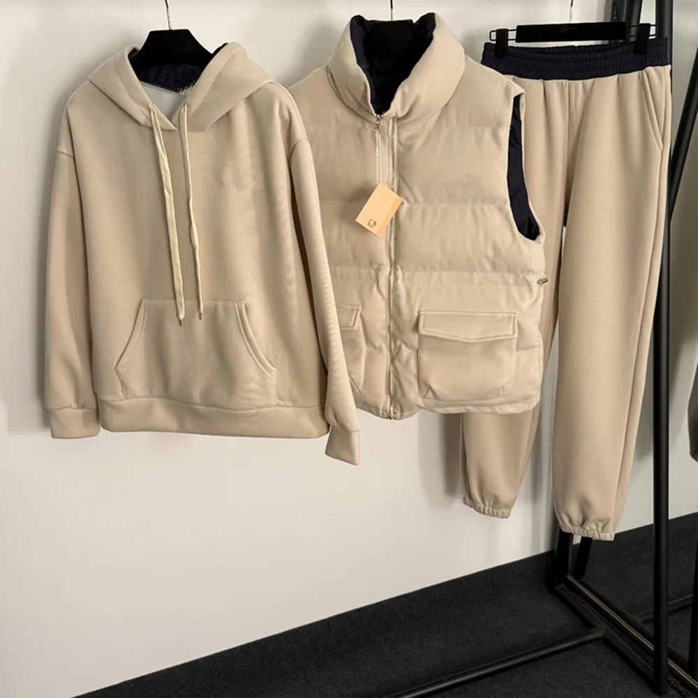 

Women's new warm three piece set, double-sided cotton vest+long sleeved hooded fleece hoodie+high waisted wide leg pants