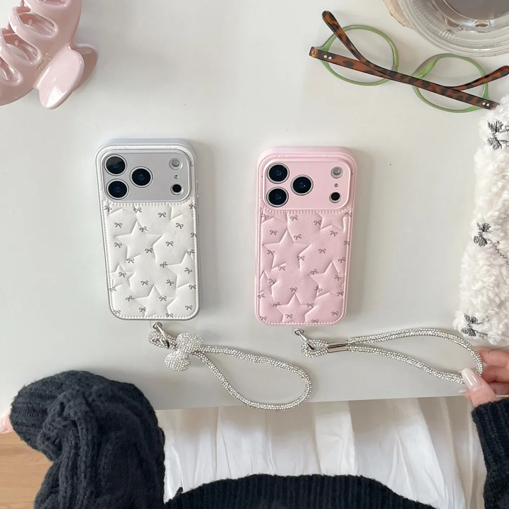 

Cute embossed star bow phone case for iPhone14/15/16/17ProMax,with rhinestone lanyard,fashionable new shockproof protective case