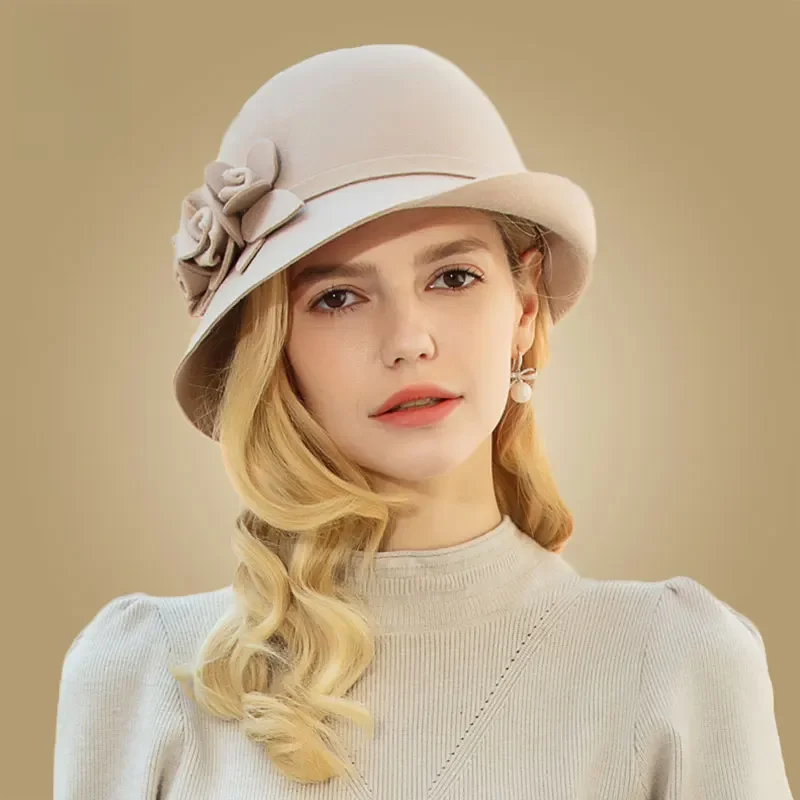 FS 100% australijska czarna wełniana filcowa czapka fedora dla kobiet Vintage szerokie rondo zimowa czapka kościelna Derby Fedoras melonik — zdjęcie 2