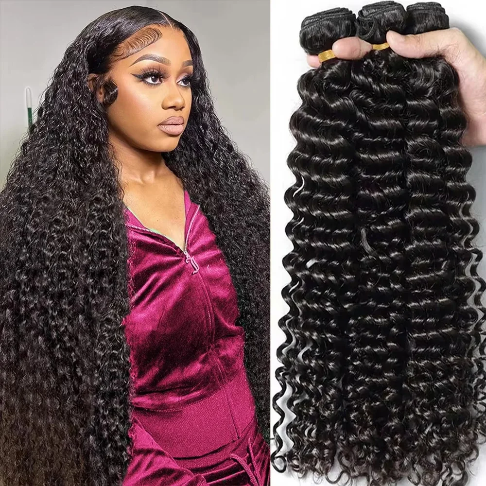 

Бразильские девственные необработанные вьющиеся глубокие волны Пучок человеческих волос Двойная волна Уток Пучок 3 шт. Предложения 30 30 32 дюйма Натуральное черное наращивание
