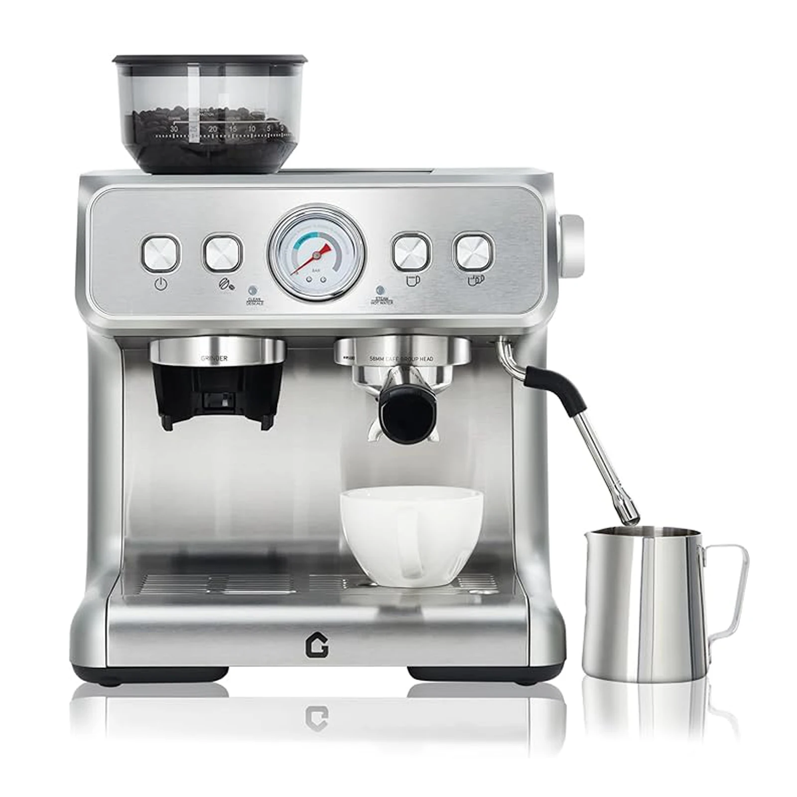 Espressomaschine mit integriertem Mahlwerk und Milchaufschäumer, 15 Bar professionelle Siebträgermaschine für den Haushalt, abnehmbarer Wassertank, Dampfdüse für die Zubereitung von Cappuccino und