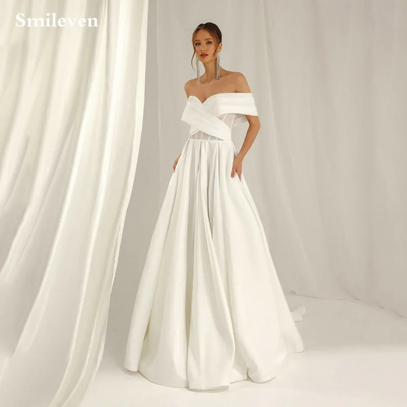 

Smileven Off The Shoulder Wedding Dress A Line Satin Bride Dresses Modest vestidos de novia Floor Length Princess Bridal Gowns