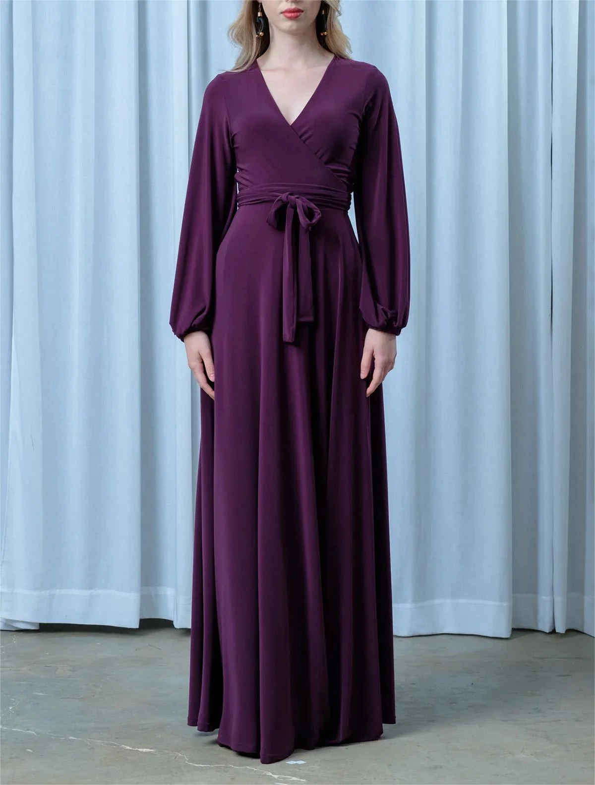 New Purple One Piece A-Line Formal Occasion Gown V-Neck Long Sleeve Tie Belt Mother Evening Dress Custom Color