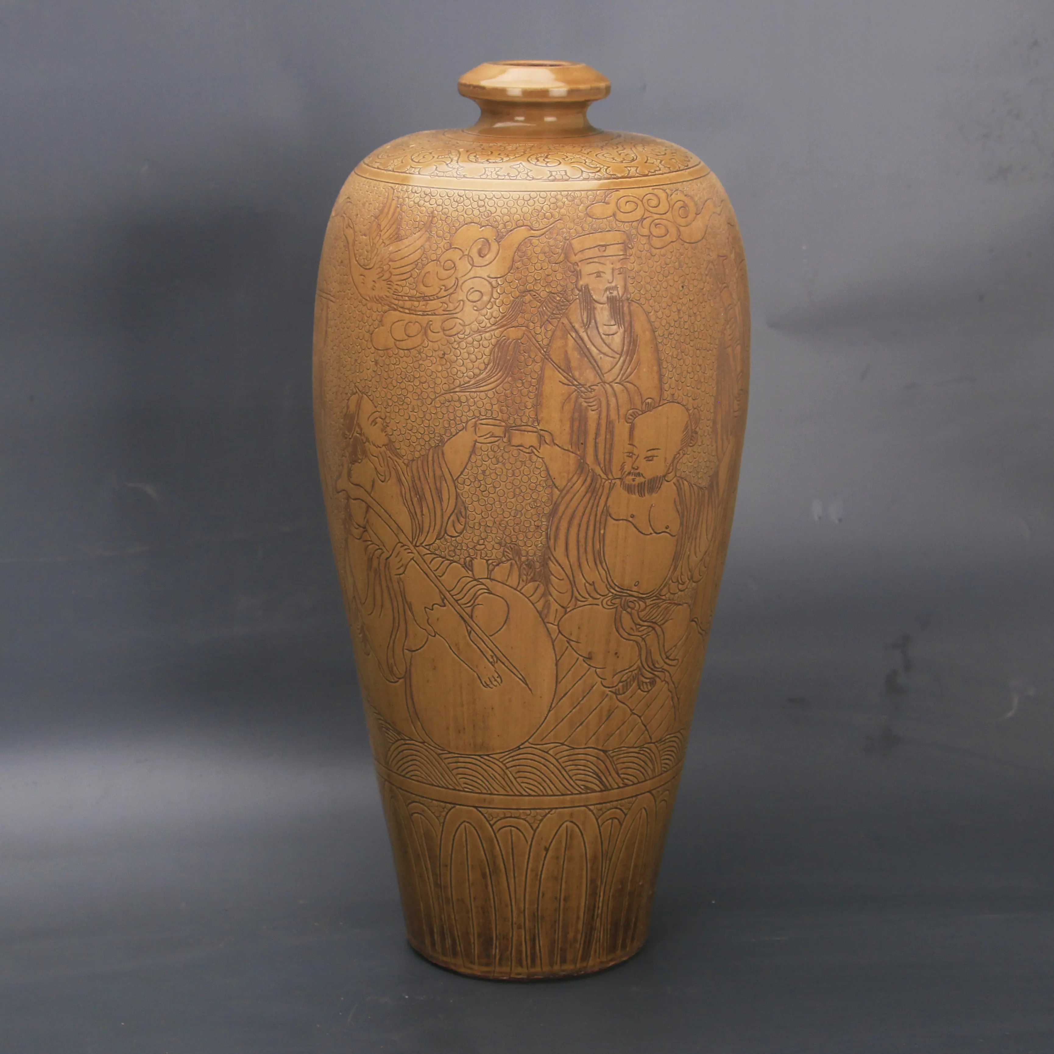 Song Cizhou Kiln Yellow Glaze Incised Eight Immortals Meiping Vase Antique Replica Porcelain Home Decor Collectible