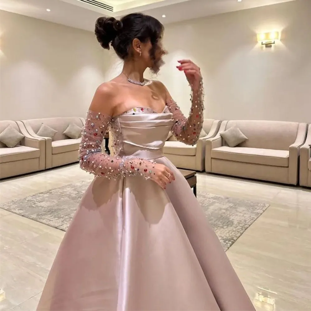 

Customized Gorgeous Prom Gown for Women A-line Floor-Length Off the Shoulder Full Sleeves Evening Party Dresses فساتين للحفلات ا