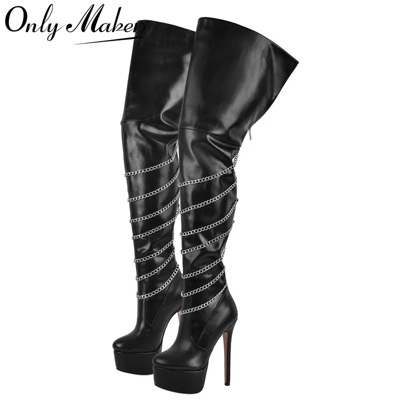 Onlymaker Woman Platform Over The Knee Boots Thin High Heel Lady Metal Chain Decoration Zipper Female Thigh Boots