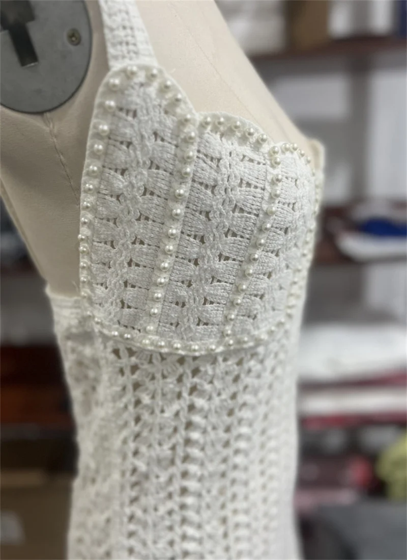 Women's Backless Bodycon Dress Tunic Sexy Strap Beading See-Through Knit Bikini Cover-Up Beach Bathing Suit Crochet Swimwear