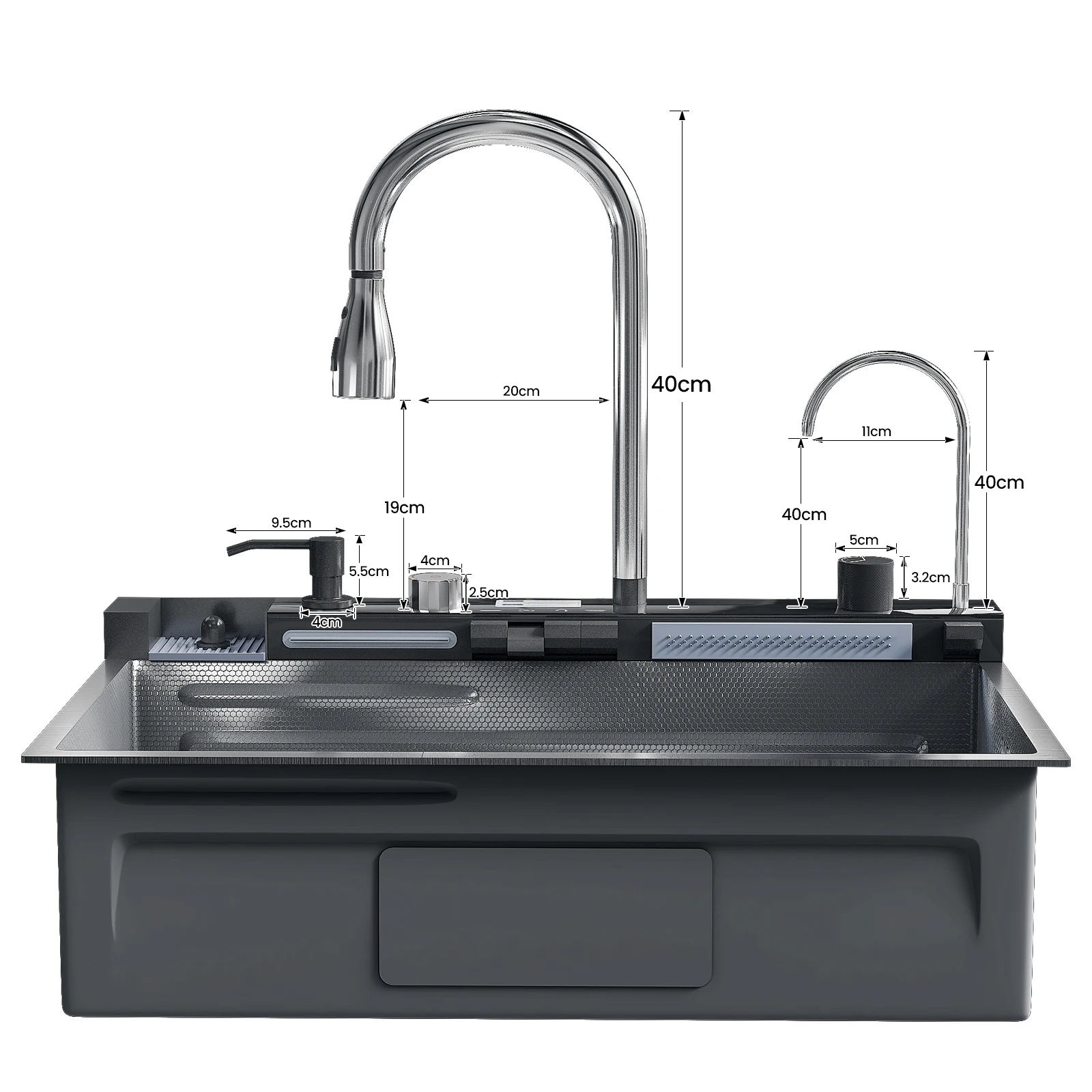 Fregadero de cocina de acero inoxidable con cascada, 75x45cm de ancho, un solo tazón, con grifo digital, dispensador de jabón y lavador de tazas