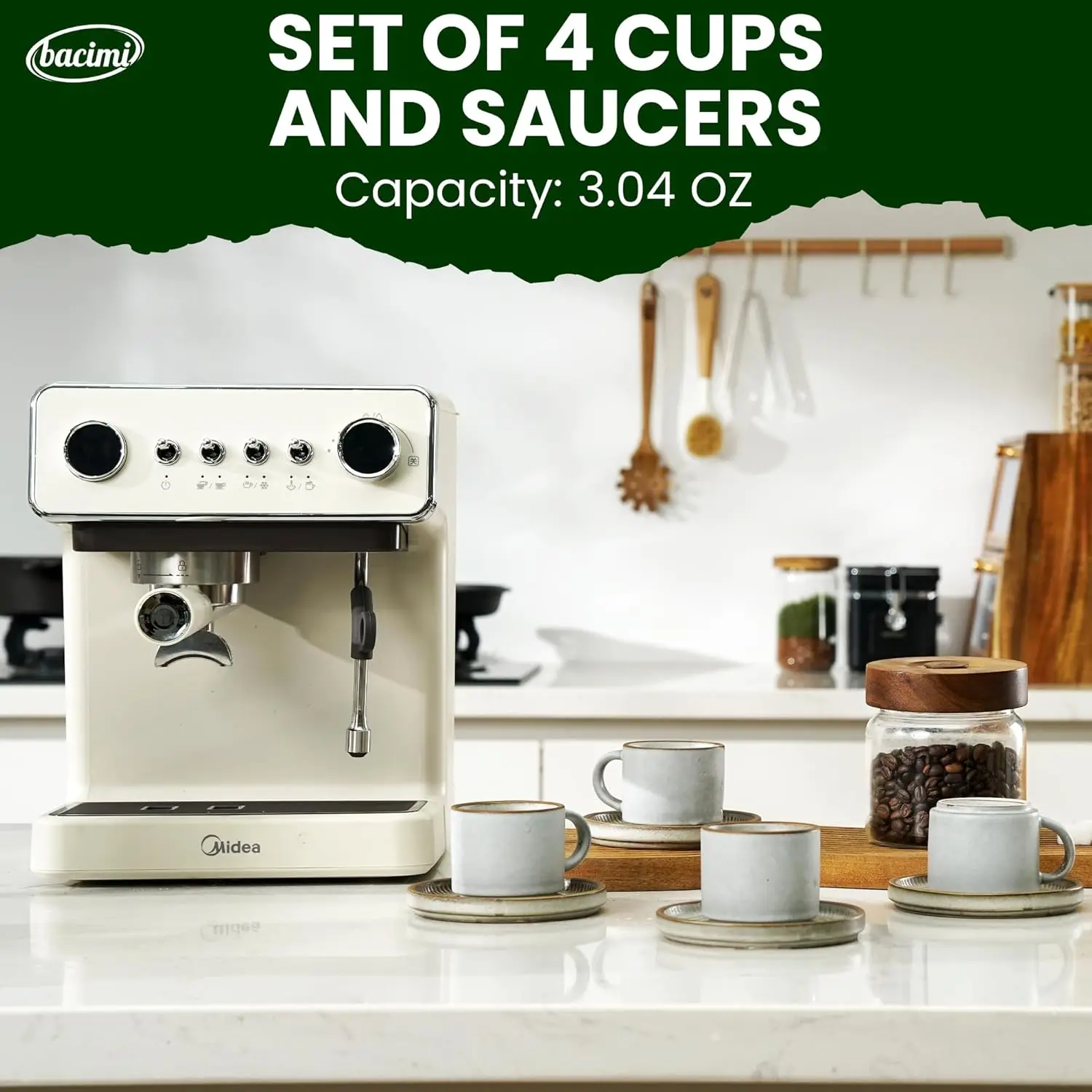 Bacimi Set Of 4 Mini Smooth Espresso Cups With Saucers, Handcrafted Stoneware For Coffee, Cocoa 90ml / 3oz Reactive Glaze Firing Process Makes Each Piece One Of A Kind