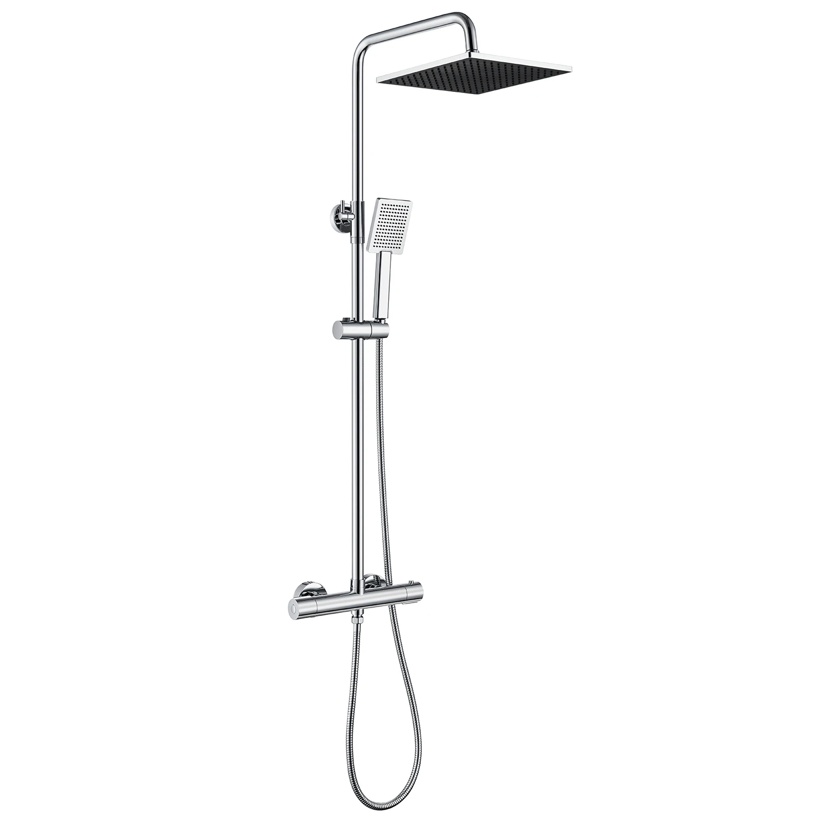 Duschsäule mit Thermostat-Mischbatterie, Regenduschkopf 25 × 25 cm, Verstellbare Stange, Sicherheitsfunktion 38 ° C, Chrom, Dusche zusammen
