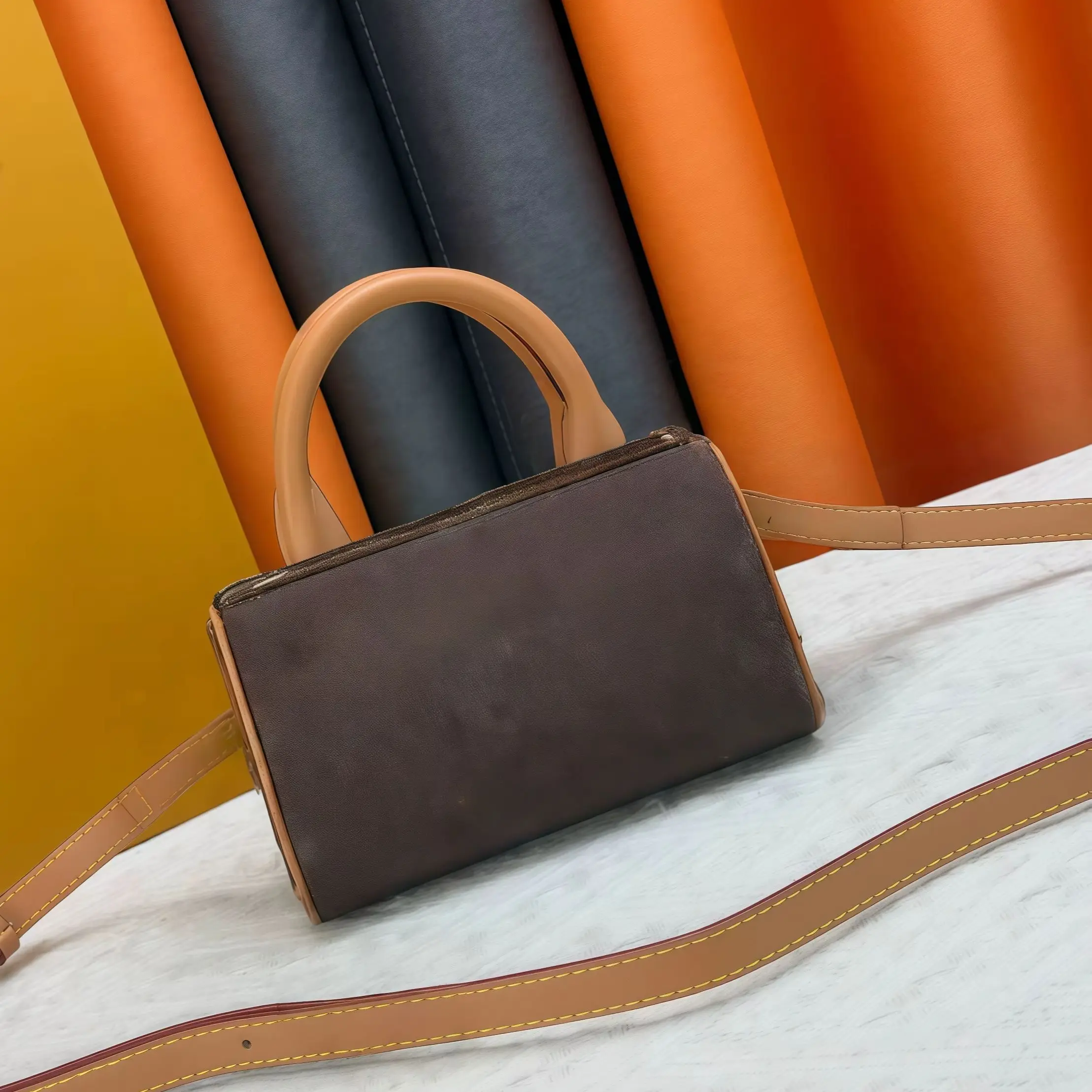 

2026 New Canvas Handbag for Women, Handbag/Crossbody Bag, Brown Calfskin Leather with Trim and Metal Hardware, 16.0 x 10.0 x 7.5