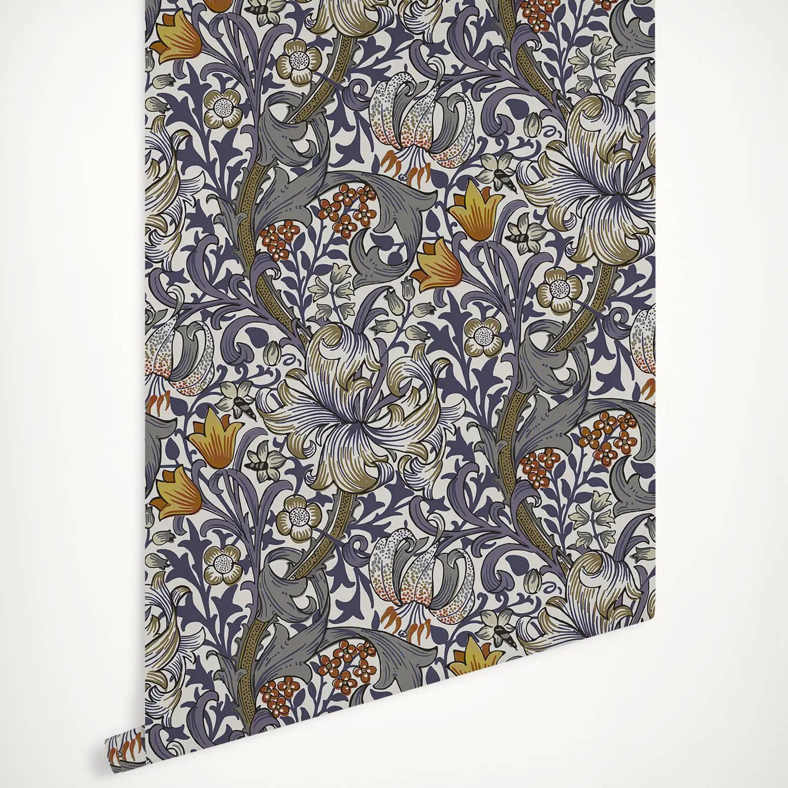 

GOLDEN LILY Wallpaper in Violet Color, briar leaves and lily stems with blue brown climbing flowers, Peel and Stick Wallpaper.