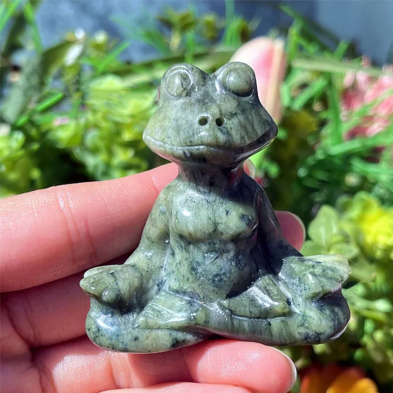 Vintage Serpentine Jade Meditation Zen Buddhist Frog Statue Art Trinket Natural Quartz Crystal Stone Yoga Animal Sculpture Altar