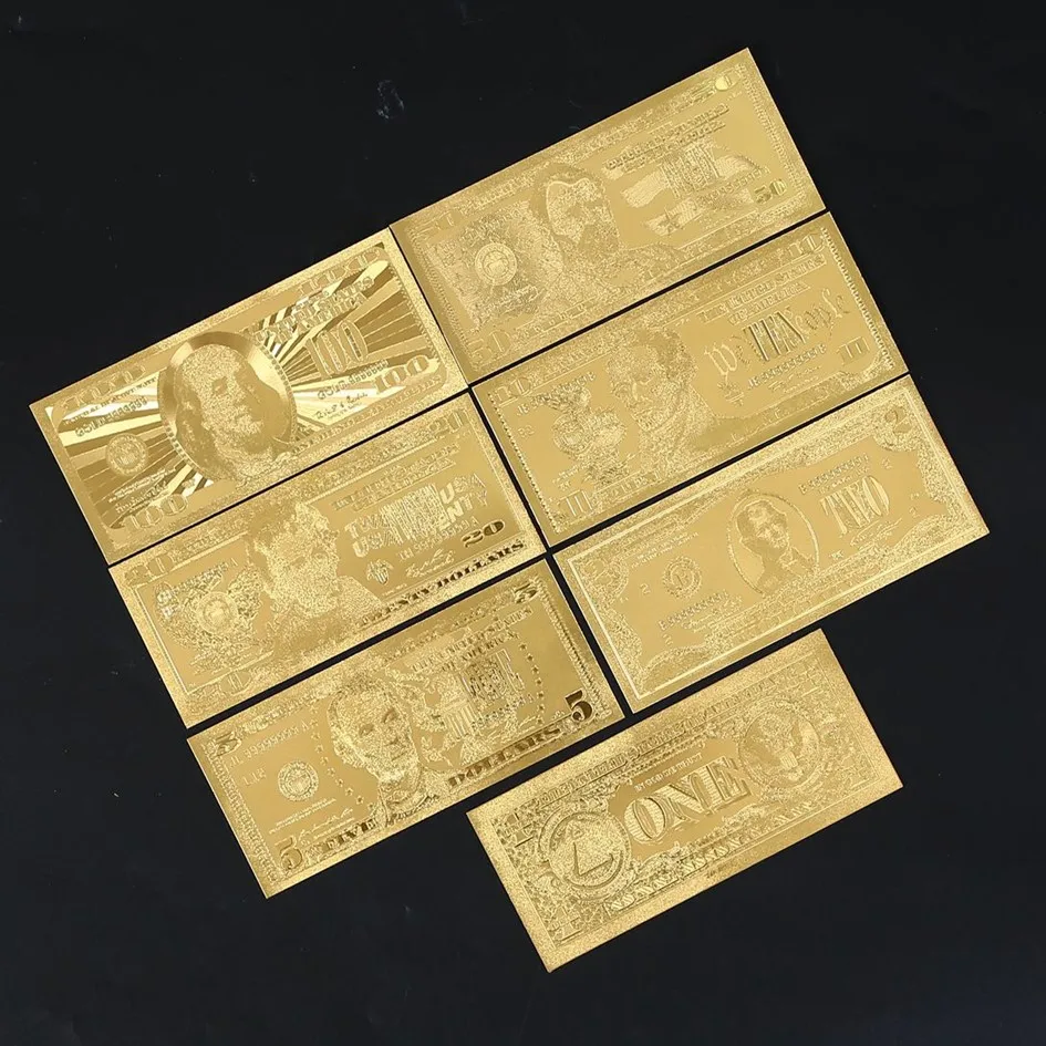 7pcs/Set 24K Gold Banknotes Gold Dollars/Euro Antique Plated Commemorative Notes Home Decoration