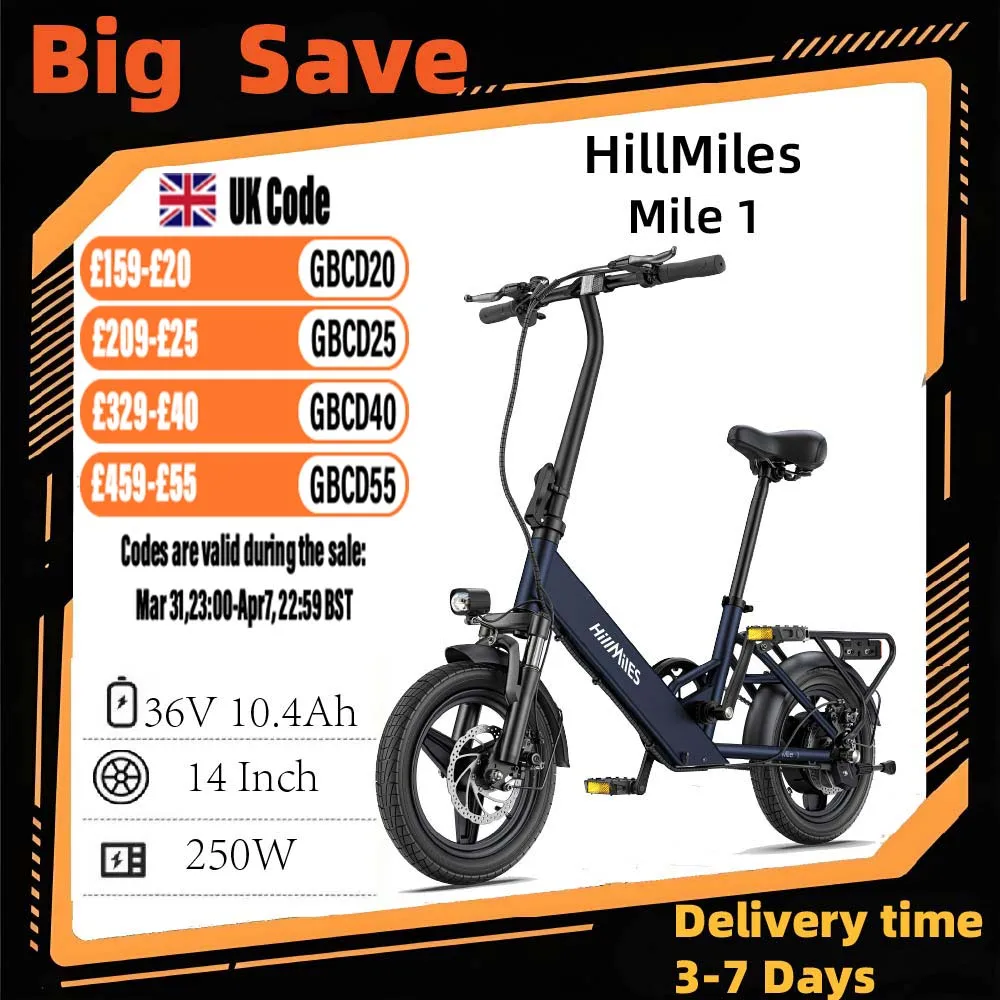 HillMiles Mile 1 250W Foldable ebike, adult E-bike, 36V 10.4Ah battery, 14-inch fat tire city ebike，Electric Bike