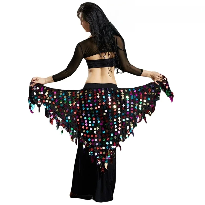 Kostium do tańca brzucha Bling Shine cekinowa chusta na biodra Tribal Fringe Tassel Wrap spódnica pas kobiety stroje taneczne akcesoria jednolity kolor — zdjęcie 2