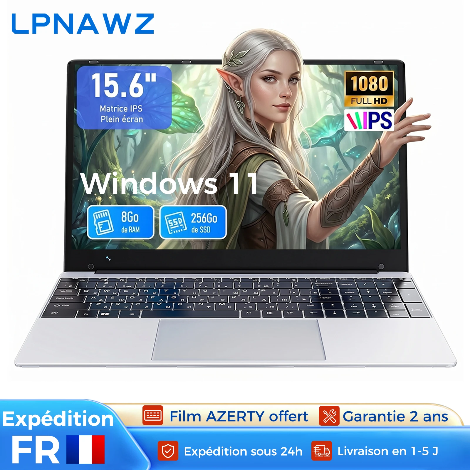 PC Portable 15,6" FHD Argenté - Intel N4000, 8Go RAM, 256Go SSD | Windows 11 Préinstallé en Français | Clavier AZERTY (Protection incluse) | Ordinateur Idéal pour Études, Bureautique, Office et
