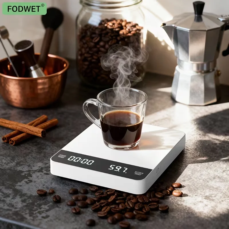 

Цифровые весы для кофе с функцией таймера, цифровые весы для продуктов с четким светодиодным дисплеем, высококачественный АБС-пластик, долговечные электронные весы, идеально подходят для приготовления кофе методом пуровер и эспрессо, в комплекте с термоиз