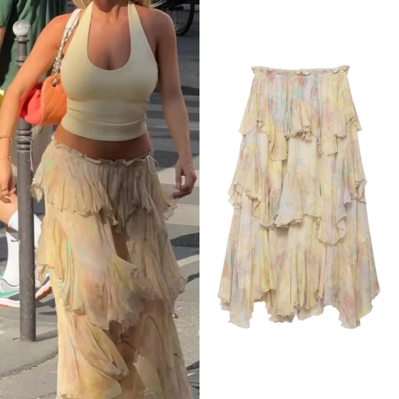 Новые женские юбки с градиентным принтом и эластичным поясом, многоуровневые юбки до щиколотки со средней посадкой, модные юбки для летней вечеринки