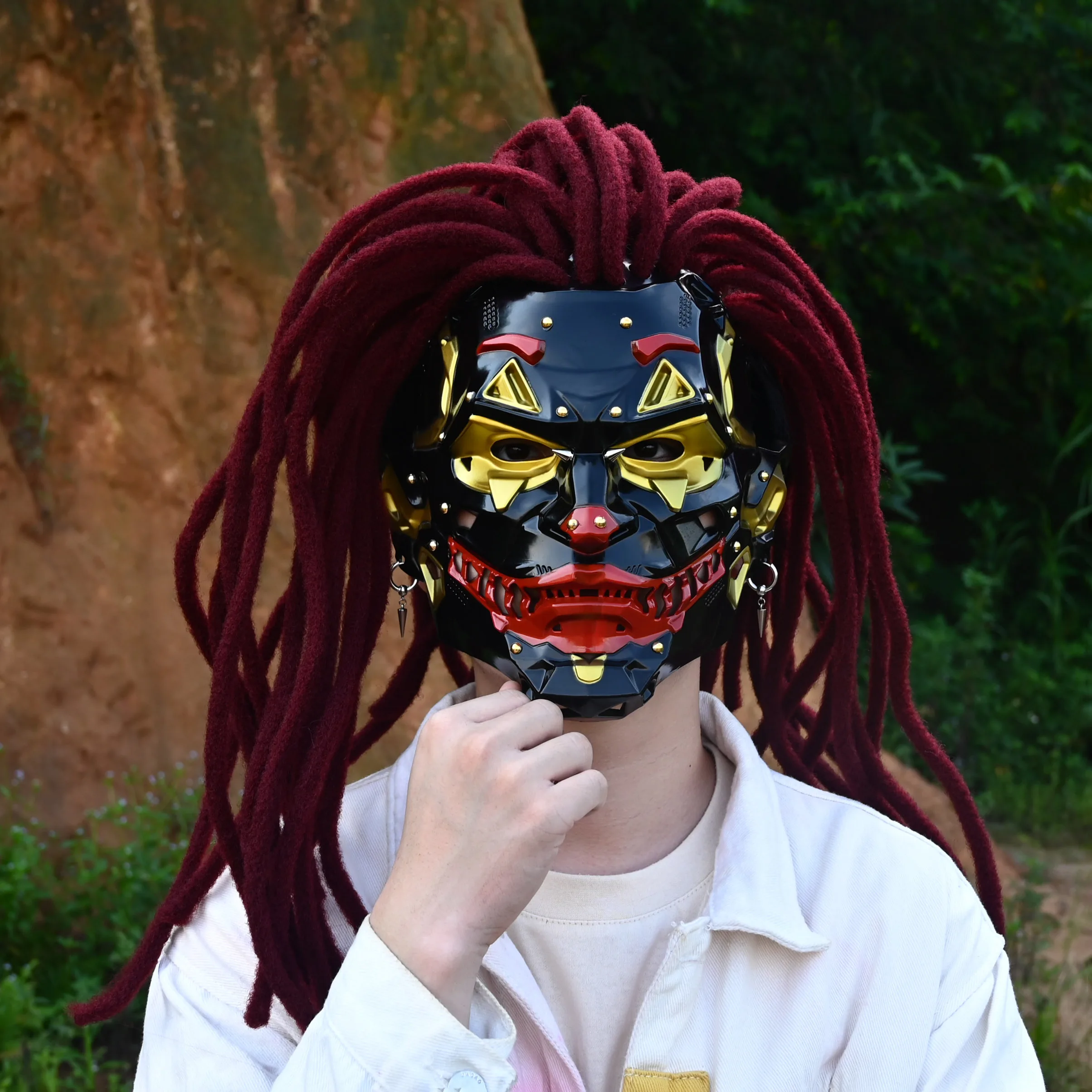 Mechanical Full Face Mask with Long Dreadlocks, Adjustable Sci-Fi Mecha Robot Mask for Halloween Rave Comic Con