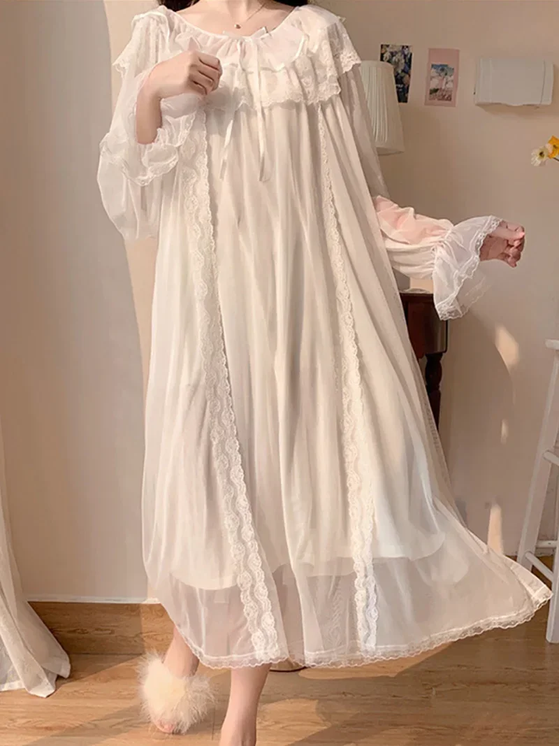 Damskie falbany Vintage koszule nocne Lolita księżniczka bielizna nocna biała koronkowa siateczka wróżka sukienka wieczorowa wiktoriańska koszula nocna Loungewear — zdjęcie 2