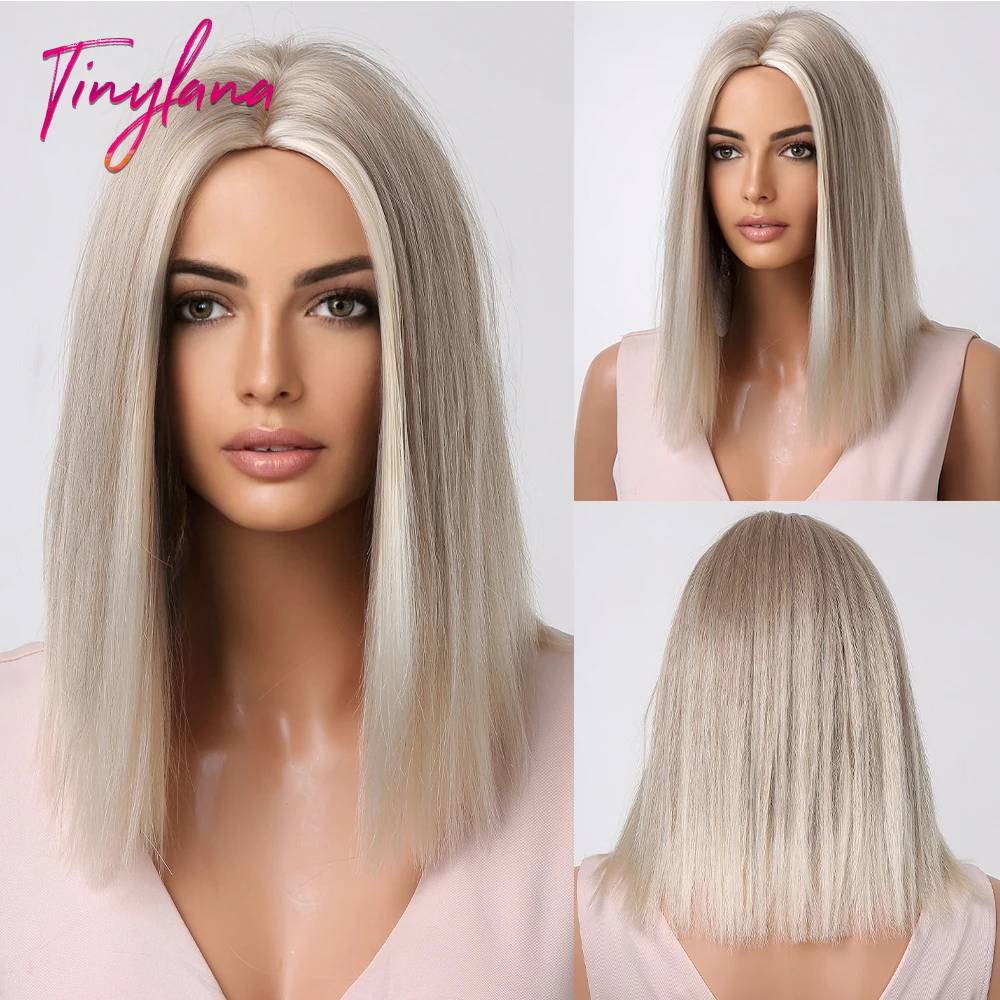 PlatinumWhite Gray Blonde Highlight Synthetic Short Straight Bob Hair Wigs for Women Shoulder Length Natural Heat Resistant Wig