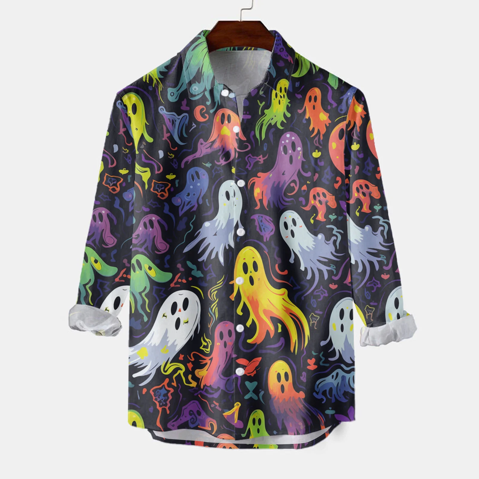 

2024 Halloween style cartoon ghost print men's casual button long sleeve shirt men spring summer autumn tops men XS-6XL