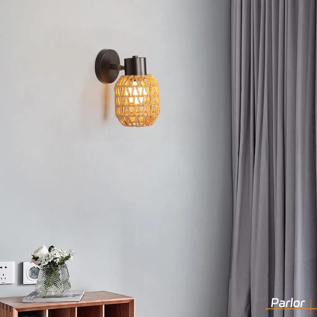 الرجعية حبل القنب المنسوجة الجدار الشمعدان خمر الجدار ضوء الإضاءة الروطان النسيج أباجورة بار غرفة المعيشة غرفة نوم ديكور المنزل E27 #4