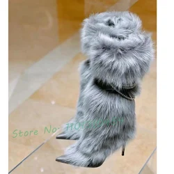 Grey Fur Chain Knee High Boots Women New In Fluff Pointy Belt Buckle High Heels Boots Luxury Winter Female Fashion Snow Boots