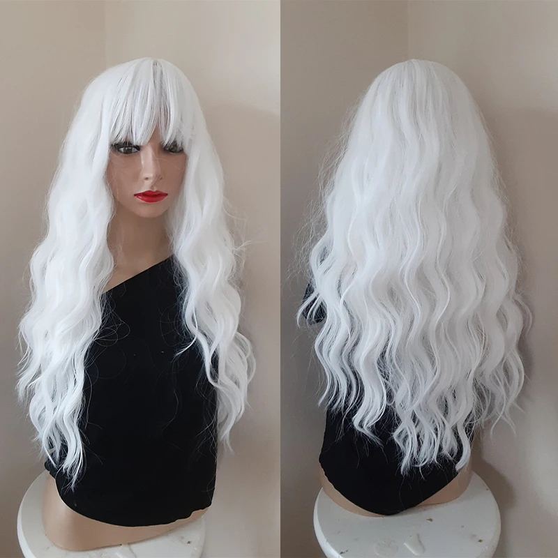 White Wig with Bangs Long Deep Wave Wigs for Women Natural Looking Synthetic Heat Resistant Fibre Daily Party Cosplay Use 26inch