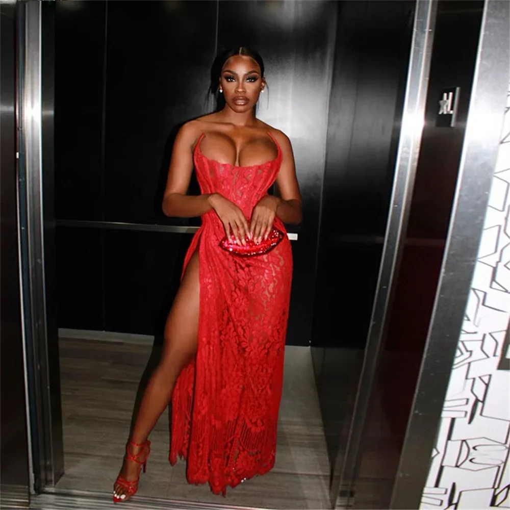 Qanz Sexy Red Prom Dress Luxury Black Girls Full Lace High Leg Slit Mermaid Wedding Party Dress Customized Robes De Soirée — zdjęcie 2