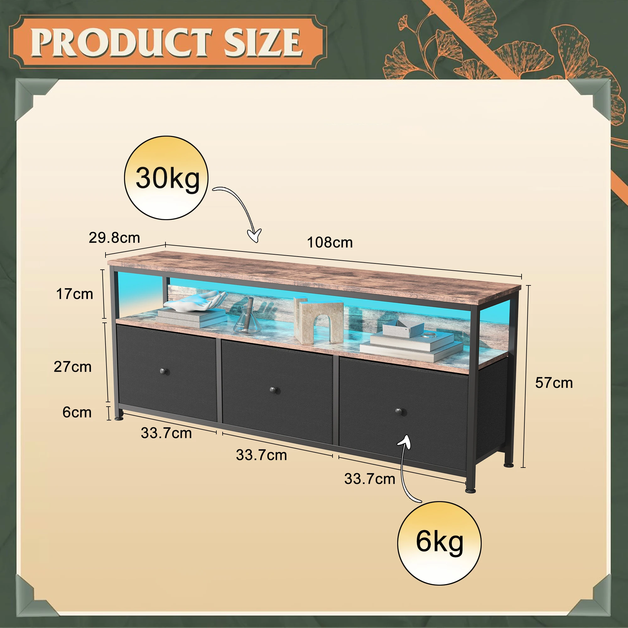 Mueble para TV Simurq de 108 cm con 3 Cajones de Tela, Mueble Bajo Retro para TV de hasta 55 Pulgadas, Aparador Bajo con Almacenamiento, Mesa de TV Multifuncional con Compartimentos Abiertos para Sala de Estar, Negro