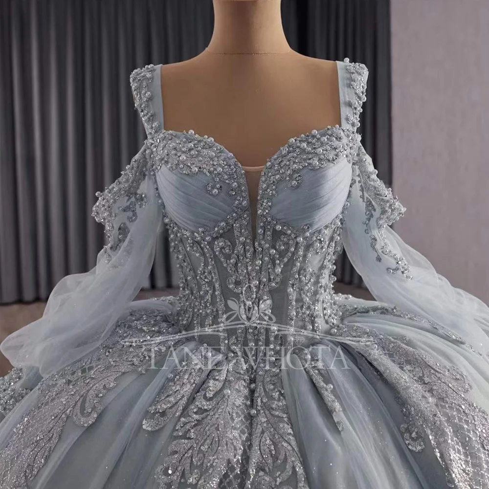 

2026 Quinceañeras Sweetheart Appliques Lace Pearls Long Silver Princess Quinceanera Dress