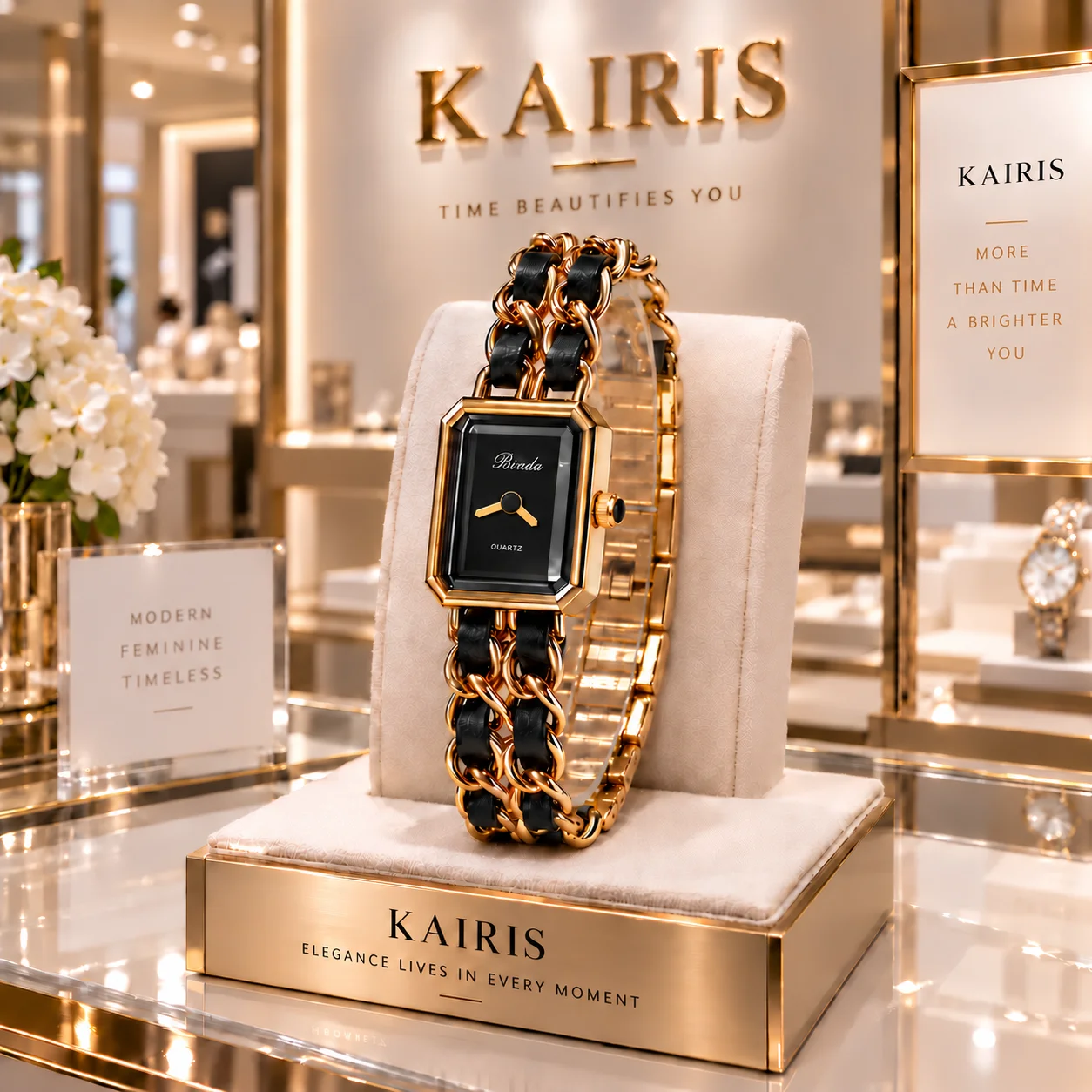 KAIRIS Women's Luxury Rectangle Quartz Watch, Gold Tone Black Dial Chain Bracelet Wristwatch, Elegant Fashion Watch for Ladies
